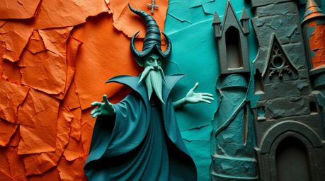 A captivating artwork depicting a classic Disney villain casting a spell within an old castle.  The piece showcases a strikin