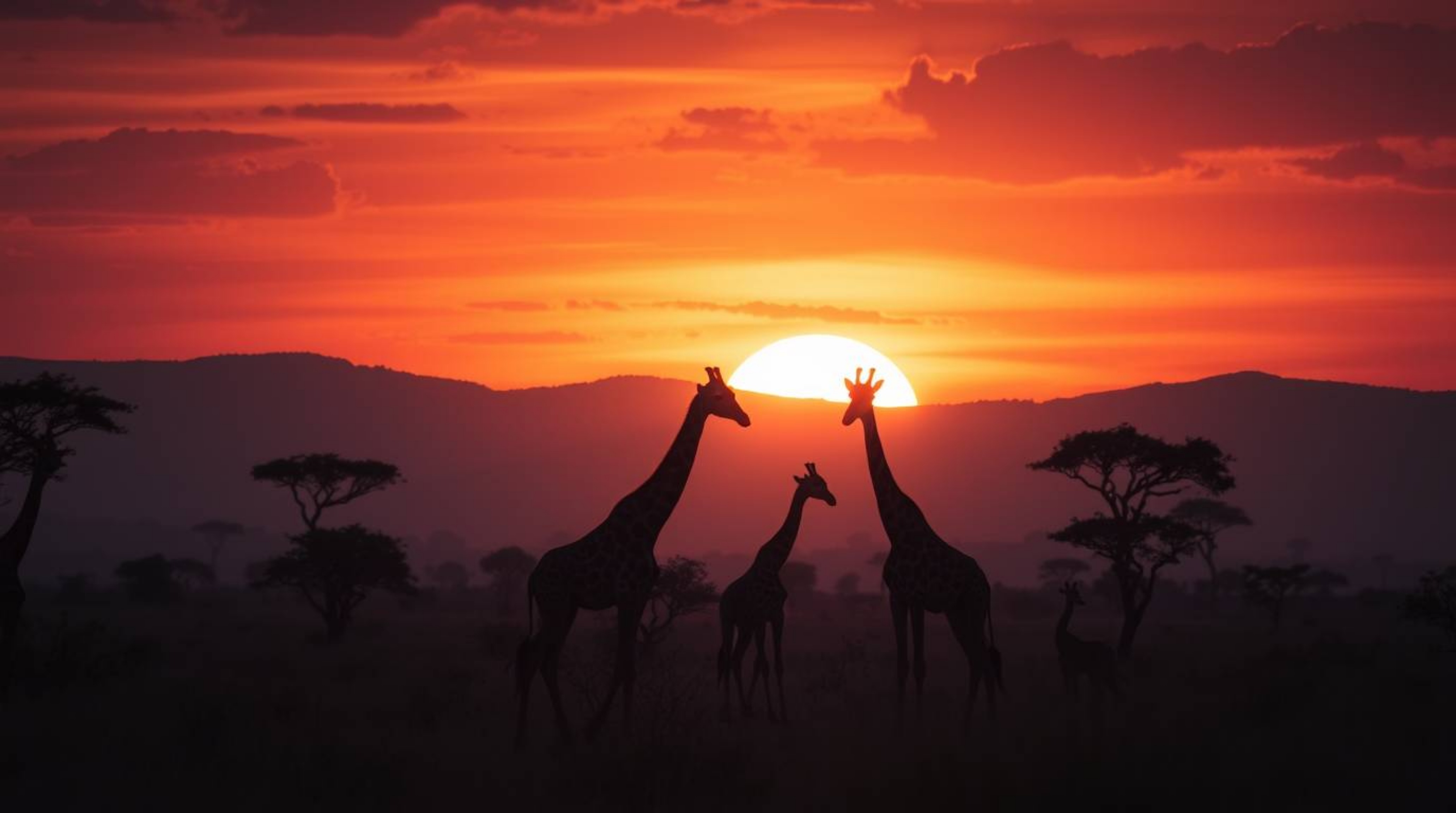 Experience the magic of the African savanna at sunset with this long exposure photograph featuring silhouetted giraffes.  The