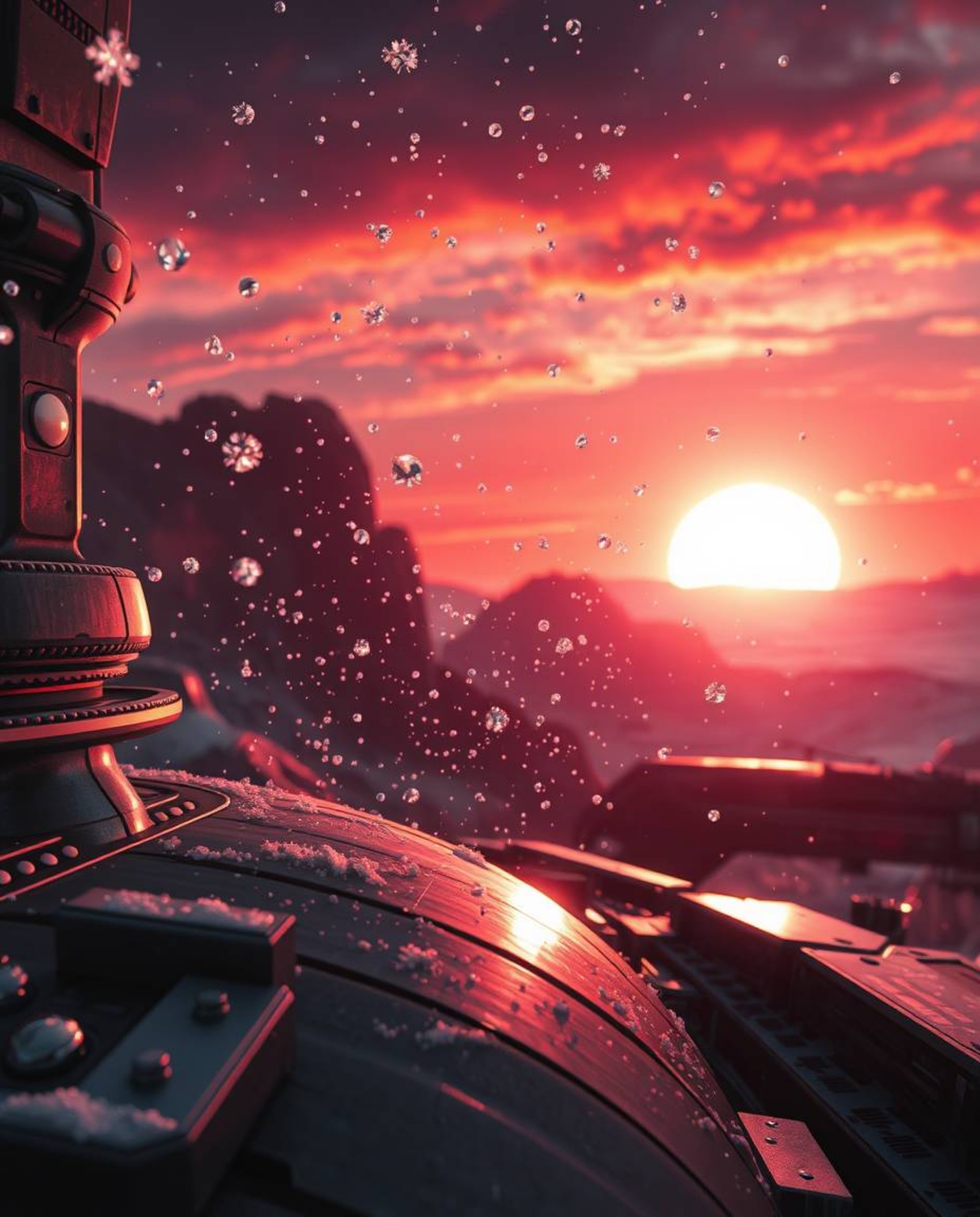 This image reimagines the scene of snowflakes falling during a vibrant sunset in a futuristic, sci-fi style. The composition
