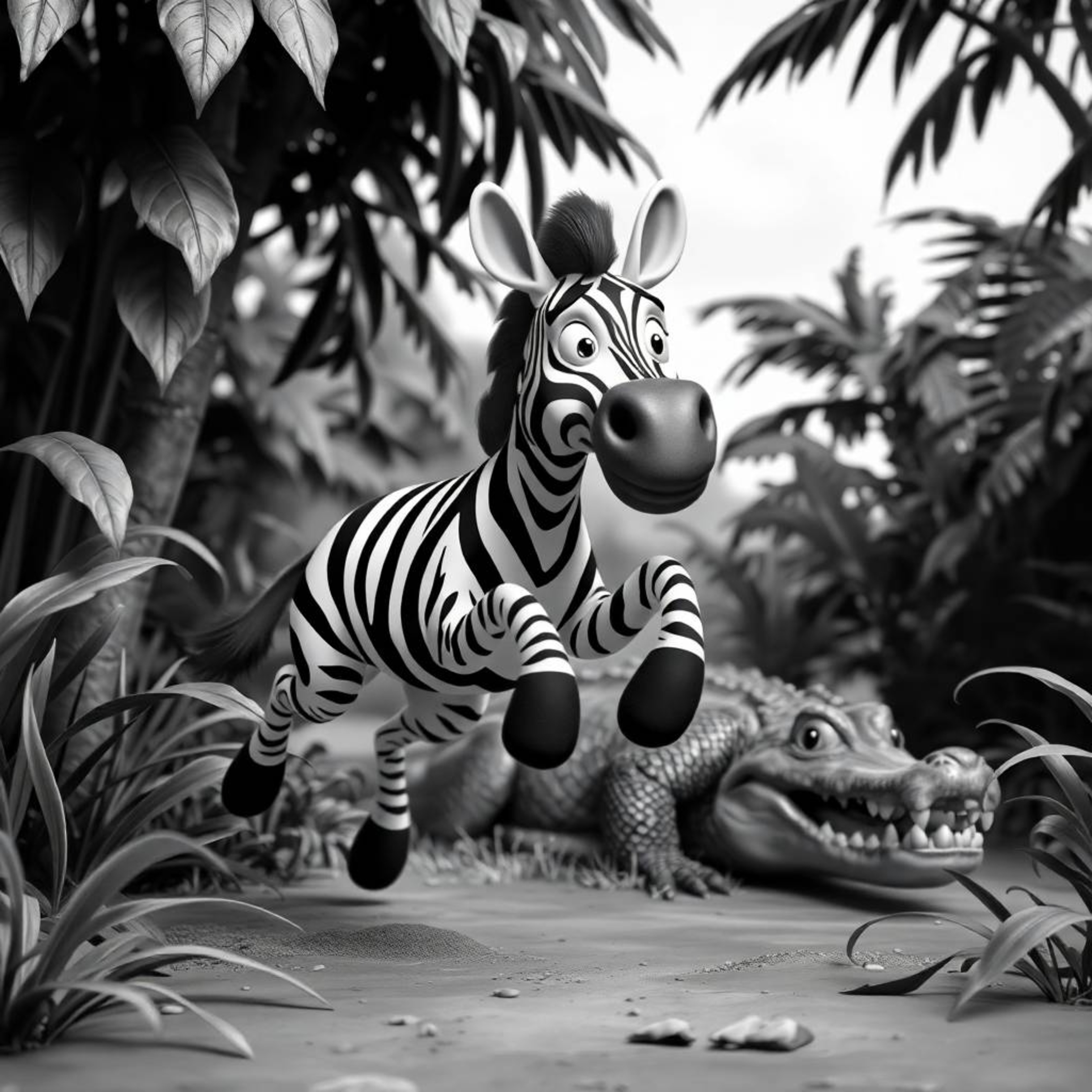 A detailed and elegant black and white close-up shot captures a 3D cartoon zebra in a moment of frantic escape. The zebra is