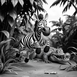 A detailed and elegant black and white close-up shot captures a 3D cartoon zebra in a moment of frantic escape.  The zebra is