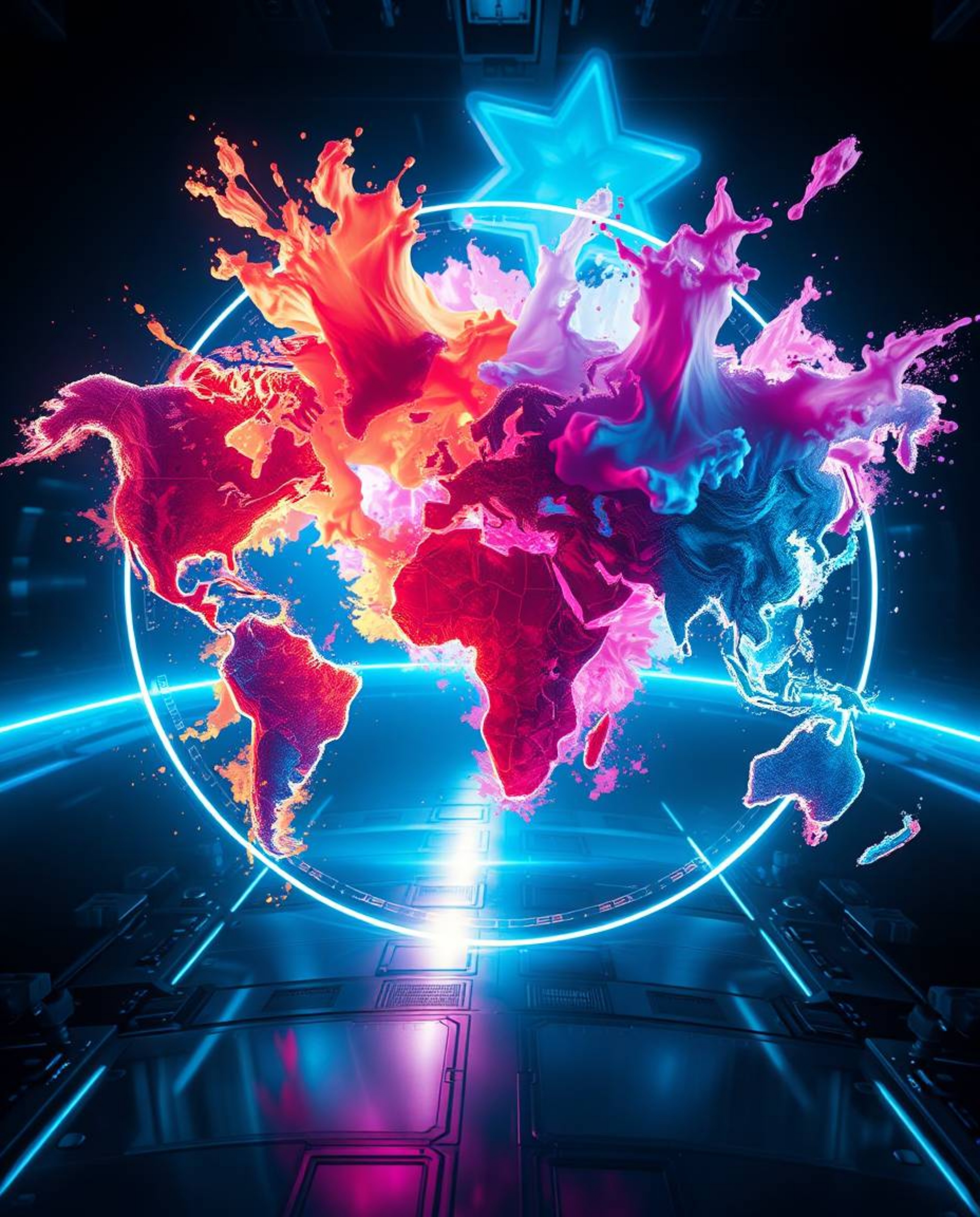 Explore a futuristic sci-fi world brought to life with dramatic cinematic style and bright, colorful splashes forming a capti