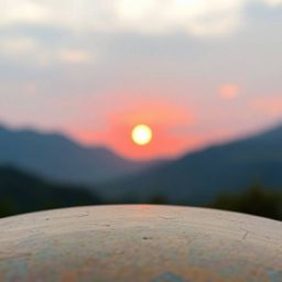 A captivating cast bronze artwork featuring a blurred bokeh sunset over a serene mountain valley.  The piece boasts a rich an