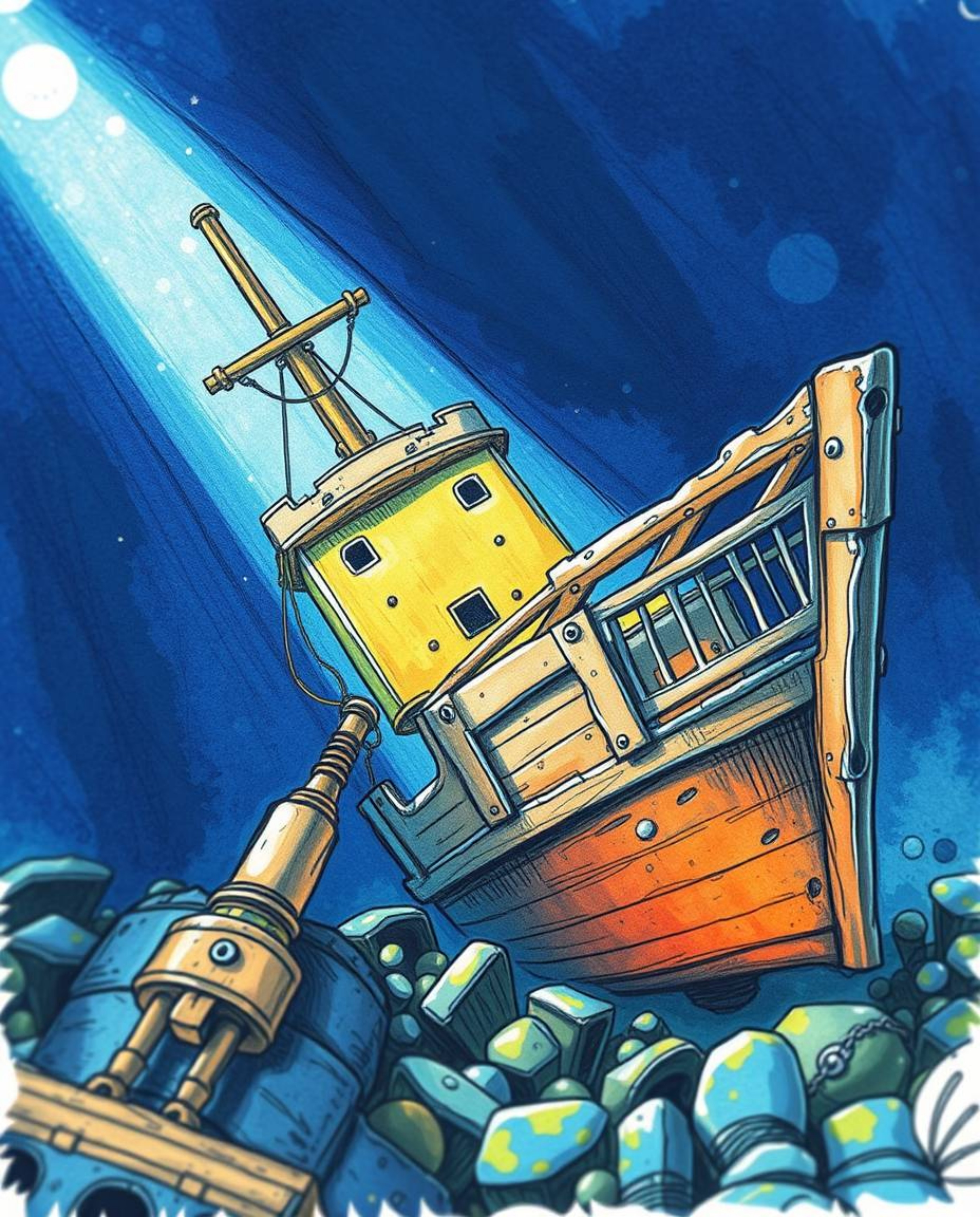 Discover a captivating hand-drawn sketch of an underwater shipwreck. This extreme close-up illustration showcases intricate d