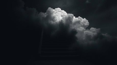 A captivating high-contrast fine art photograph depicts a winding stairway crafted from smoke and light, ascending into a vas