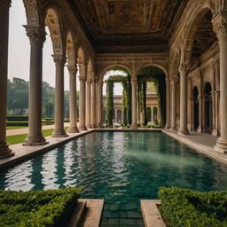 Explore a magnificent historical palace adorned with grand pillars, expansive gardens, and breathtaking fountains that extend