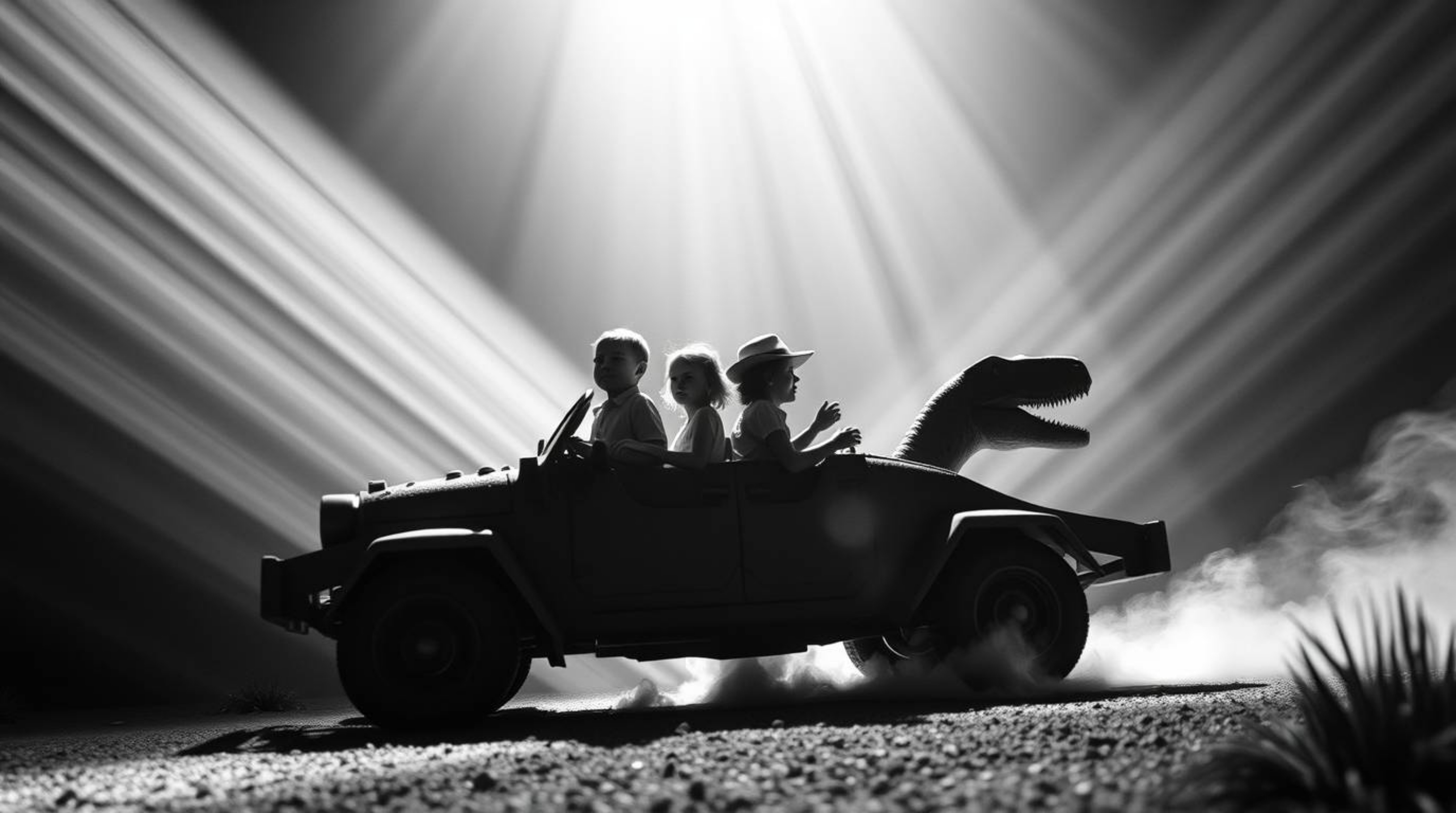 A captivating black and white, low-angle shot depicts a prehistoric family enjoying a whimsical ride in a dinosaur-shaped car