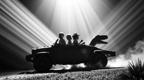 A captivating black and white, low-angle shot depicts a prehistoric family enjoying a whimsical ride in a dinosaur-shaped car
