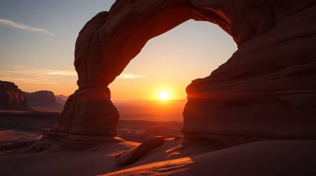 Stunning architectural color photography capturing a modern, future grand scene of a sunset viewed through a desert rock arch