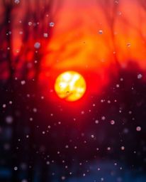 A sophisticated and elegant image captures the serene moment of snowflakes falling during a vibrant sunset. Bathed in warm go