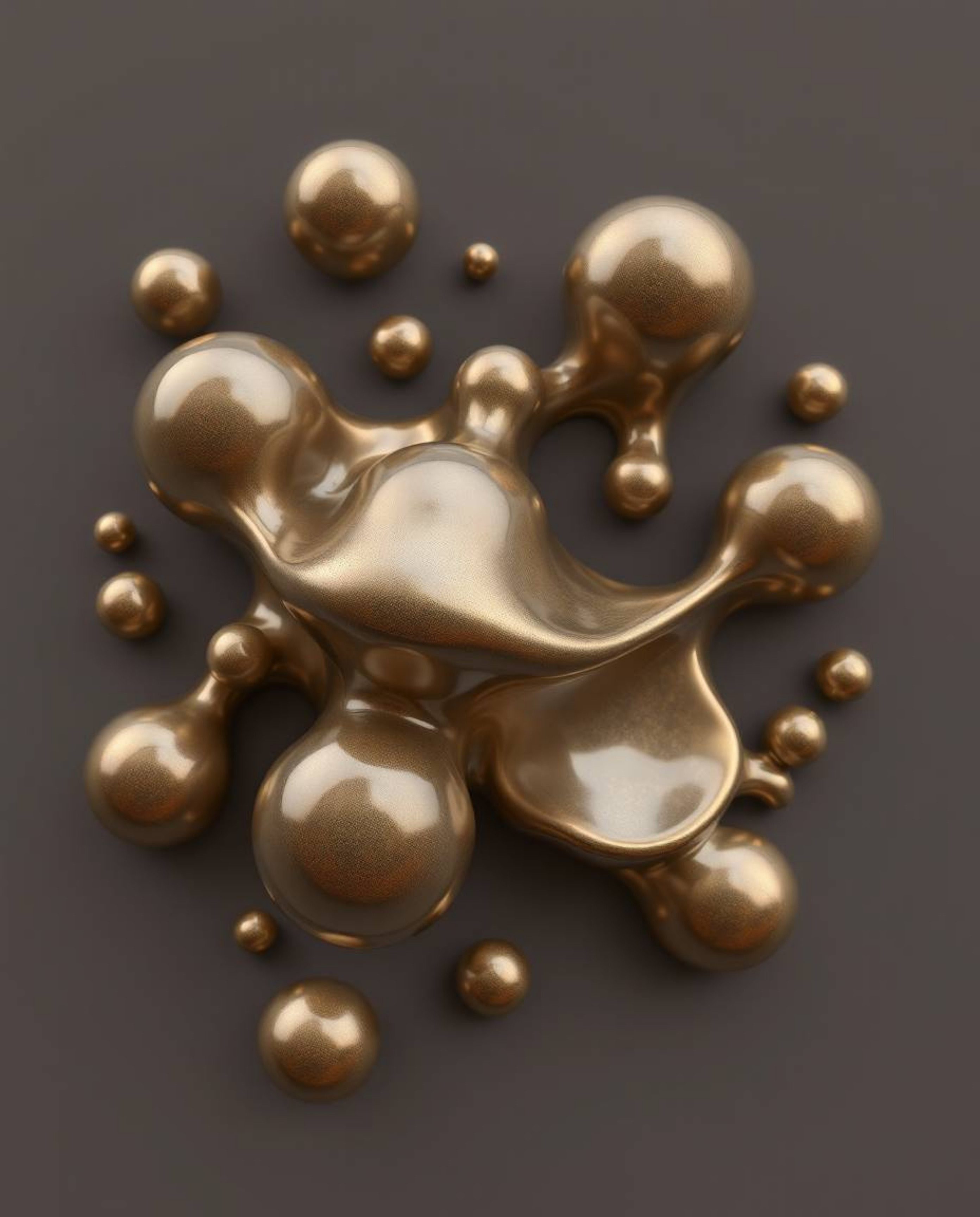 This is a captivating 3D render featuring cast bronze fluid, translucent, organic blobs gracefully floating in space. The ant