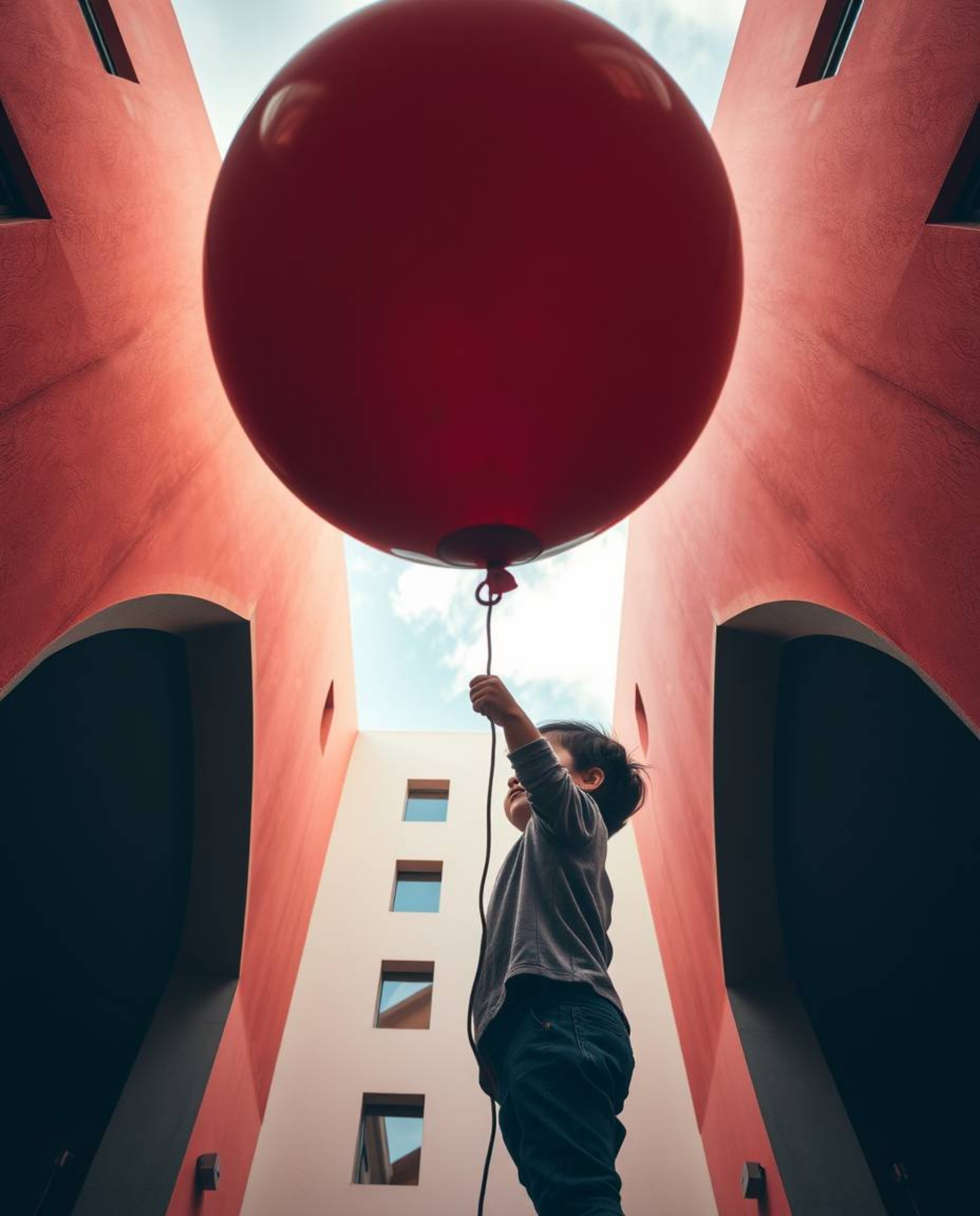 A captivating high-angle photograph showcases a child delicately holding a balloon, emphasizing precise architectural colors 