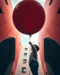 A captivating high-angle photograph showcases a child delicately holding a balloon, emphasizing precise architectural colors 