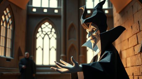 A captivating digital art piece showcases a classic Disney villain rendered in an intricate origami style.  The villain, with