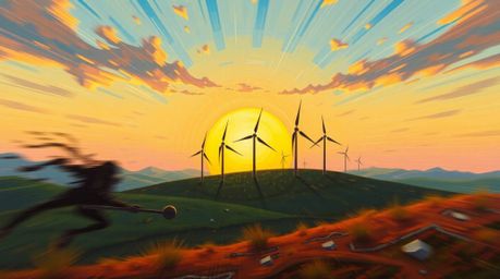 A surreal and dreamlike painting captures a dynamic sunset cascading behind a row of wind turbines perched atop a rolling hil
