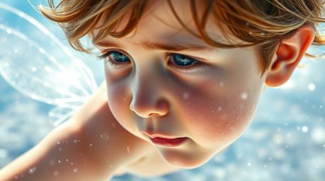 A captivating extreme macro close-up depicts a light-skinned young boy soaring above London, propelled by magical pixie dust.
