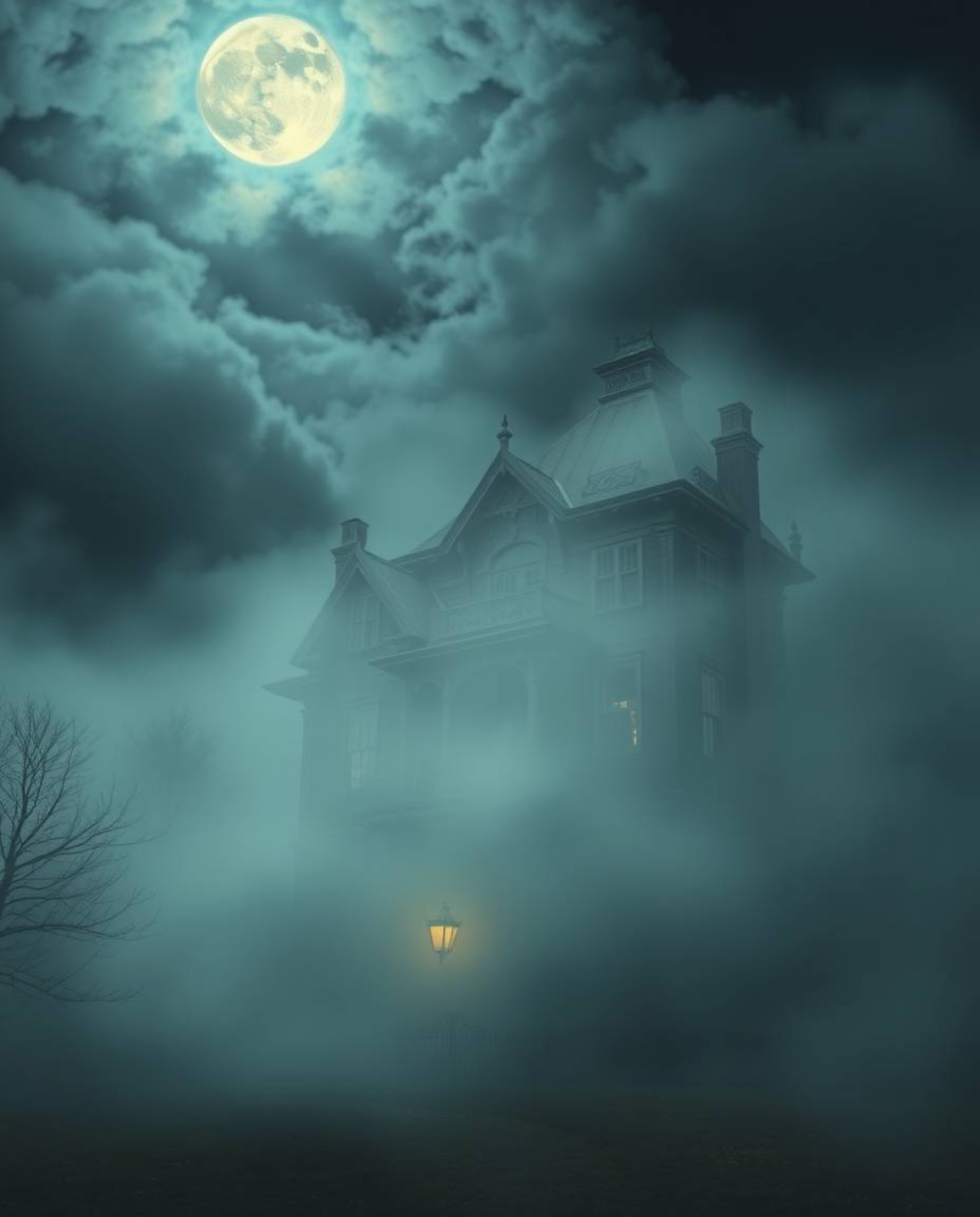 Experience a soft, dreamy atmosphere with this artwork depicting a fog-covered Victorian mansion bathed in moonlight. The sce