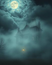 Experience a soft, dreamy atmosphere with this artwork depicting a fog-covered Victorian mansion bathed in moonlight. The sce
