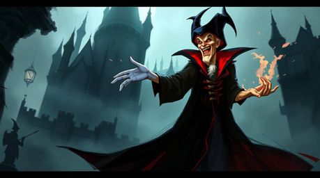 A dynamic digital sketch portrays a classic Disney villain casting a spell within a misty, atmospheric old castle. Rendered i