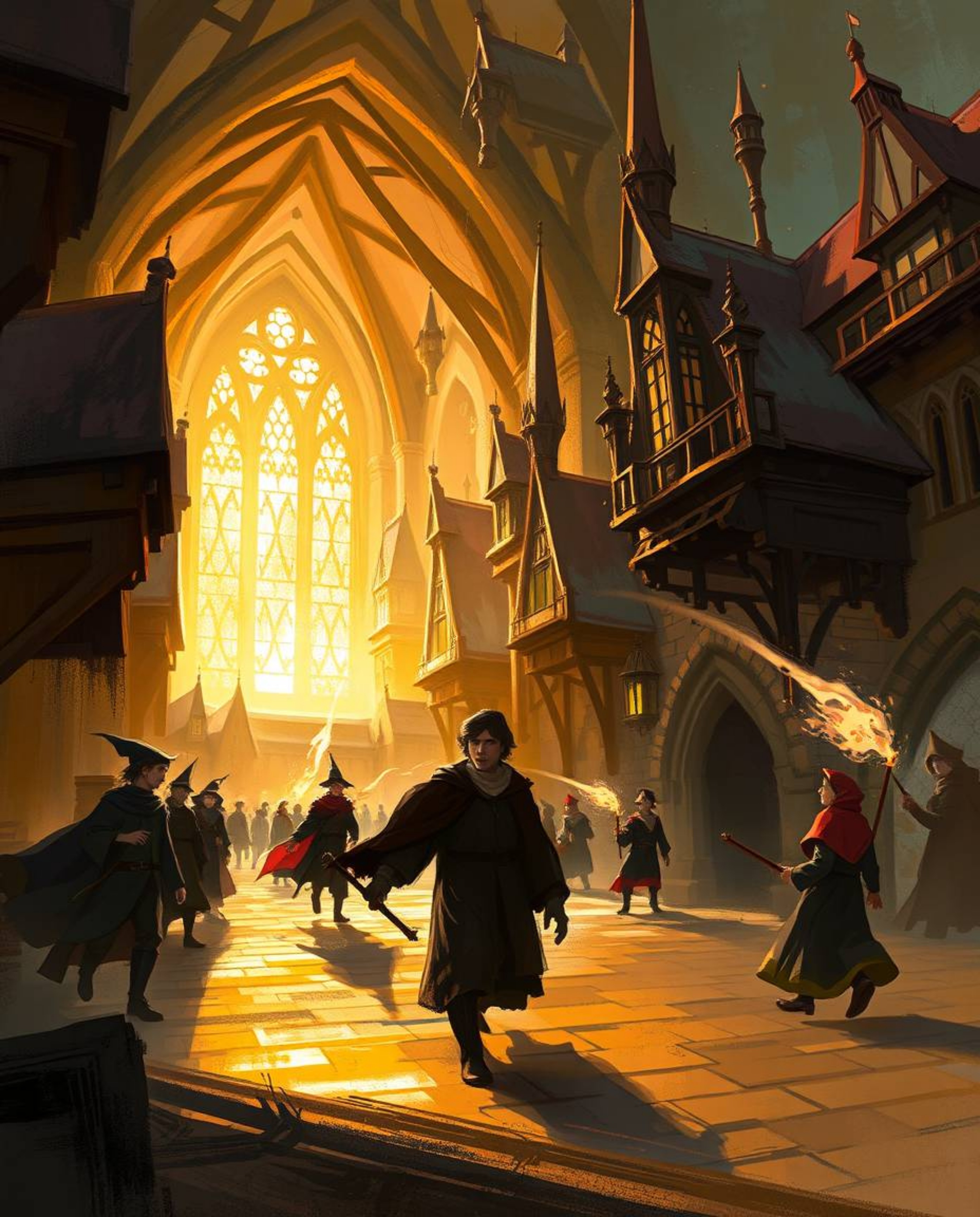 Explore a vibrant digital sketch of a heroic magical school teeming with young wizards, rendered with dynamic, painterly stro