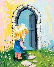 A captivating acrylic painting depicting a child with bright blonde hair discovering a magical portal hidden in their backyar