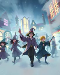 A dynamic illustration showcasing a magical school enveloped in a thick fog.  Young wizards are depicted in vibrant colors an
