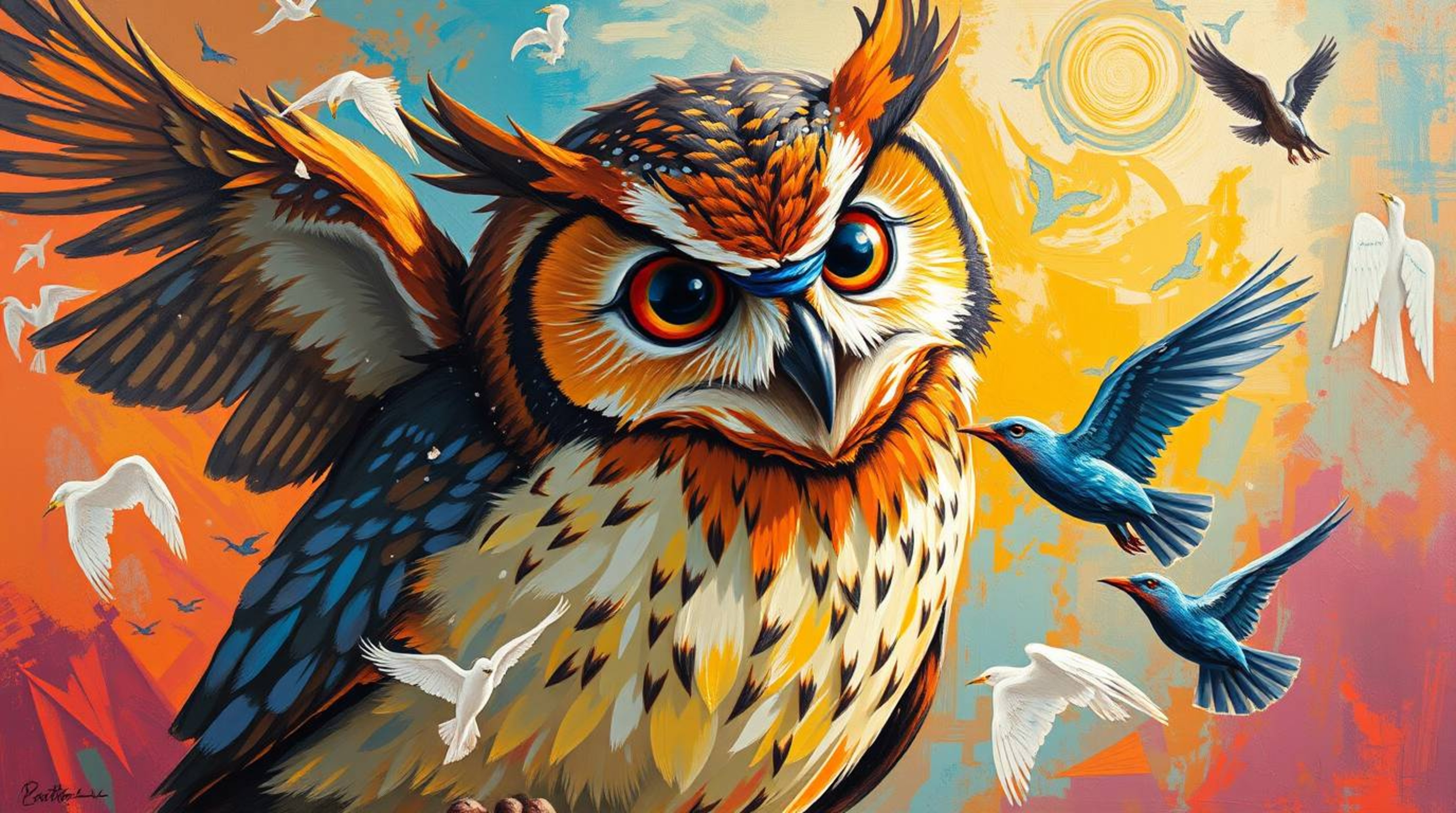 This vibrant acrylic painting depicts a blind owl, rendered in a charming Pixar-esque style, whispering words of encouragemen