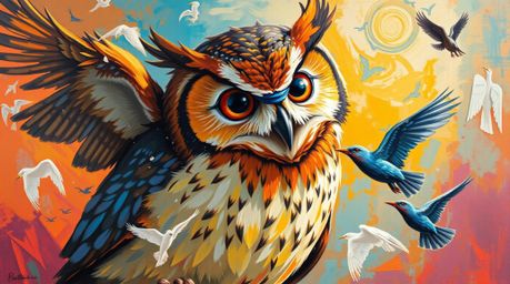 This vibrant acrylic painting depicts a blind owl, rendered in a charming Pixar-esque style, whispering words of encouragemen