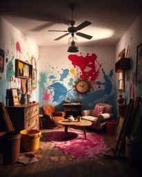 An adorable and cute room explodes with vibrant paint, rendered in high contrast low key lighting to create a dramatic effect