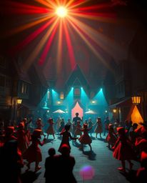 A visually striking origami-style scene set in a bright town square with a musical performance, contrasted by eerie and creep