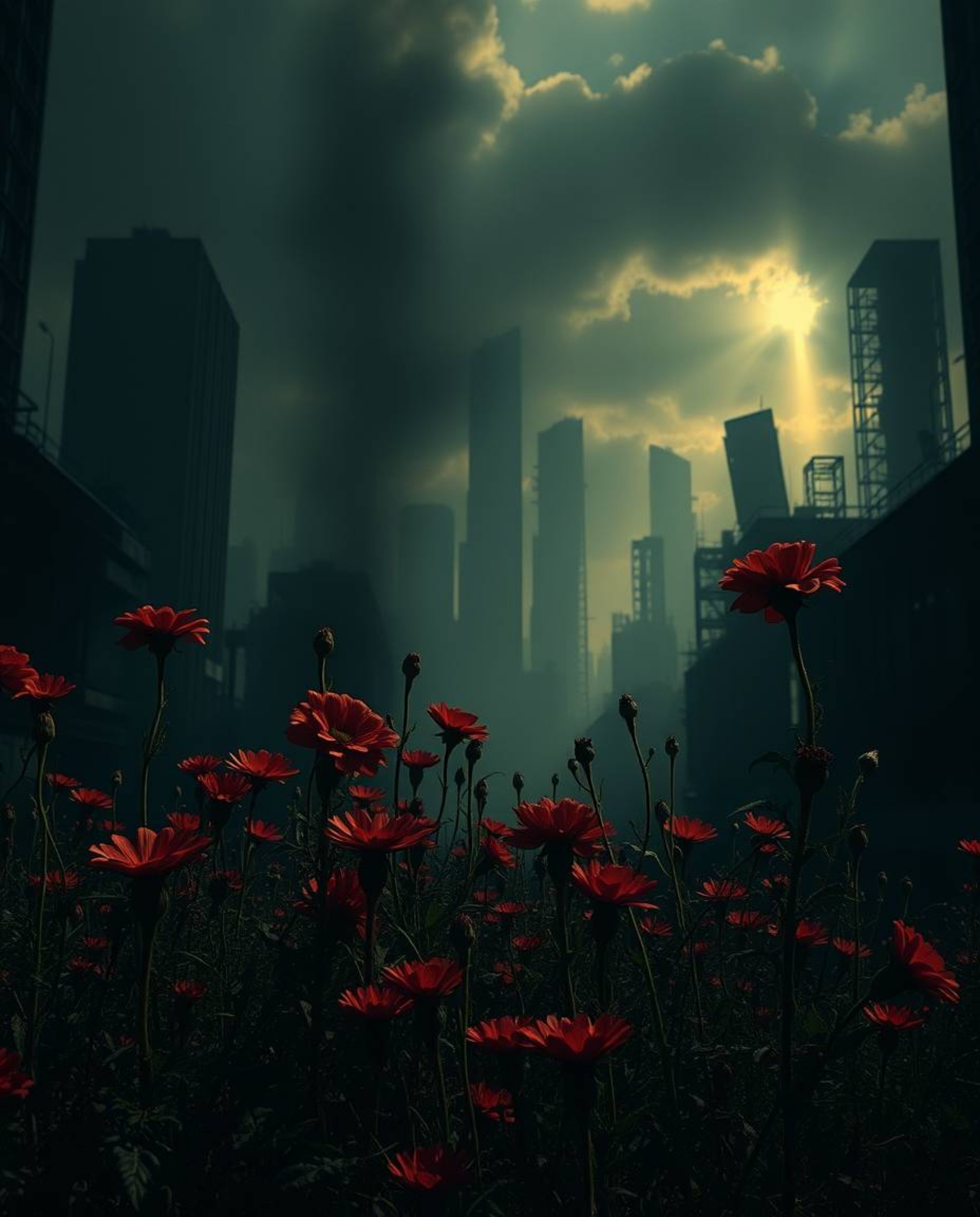 Witness an epic scene where nature reclaims a post-apocalyptic city, with vibrant flowers blooming amidst the ruins. Deep sha