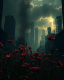 Witness an epic scene where nature reclaims a post-apocalyptic city, with vibrant flowers blooming amidst the ruins. Deep sha