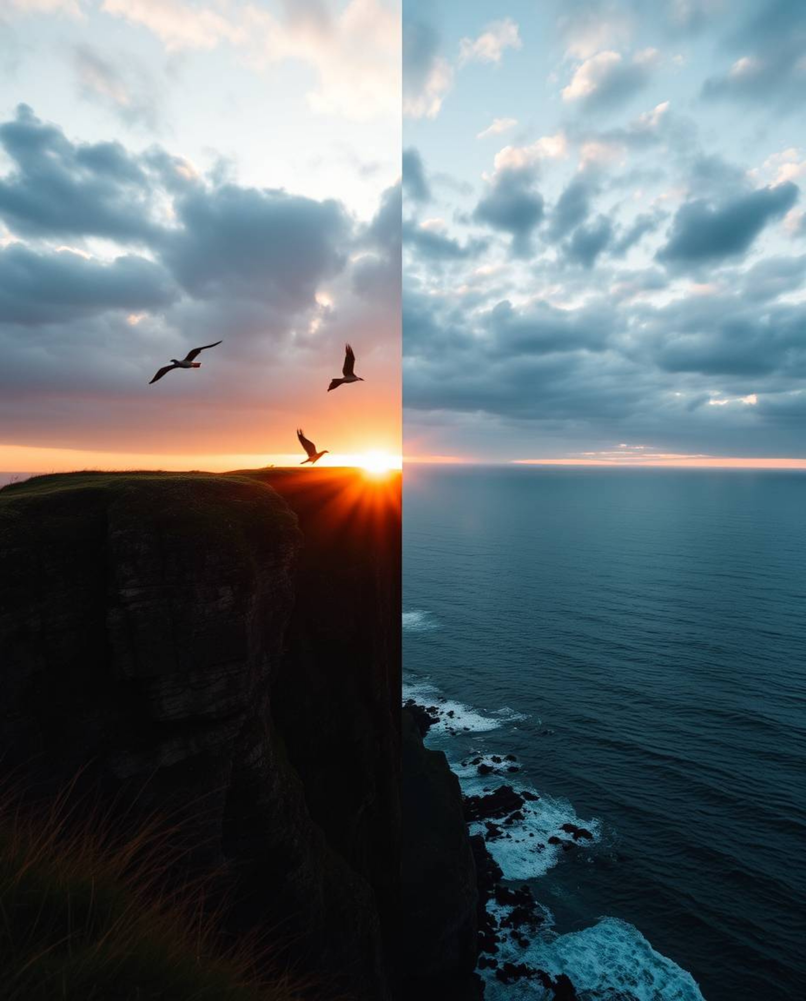 This is a tight close-up shot depicting a sunset over a coastal cliff with soaring birds, distinguished by its distinct split