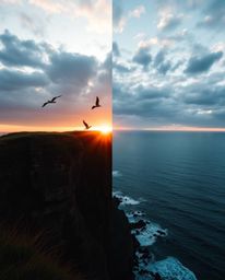 This is a tight close-up shot depicting a sunset over a coastal cliff with soaring birds, distinguished by its distinct split