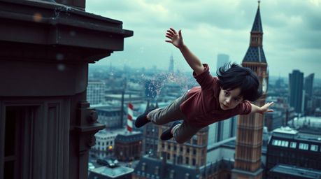 A captivating image of a young boy with dark hair soaring above the London cityscape, propelled by iridescent pixie dust. The