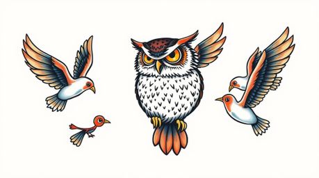 This design features a symbolic traditional tattoo of a blind owl, rendered in a Pixar-esque style, dedicated to teaching bir