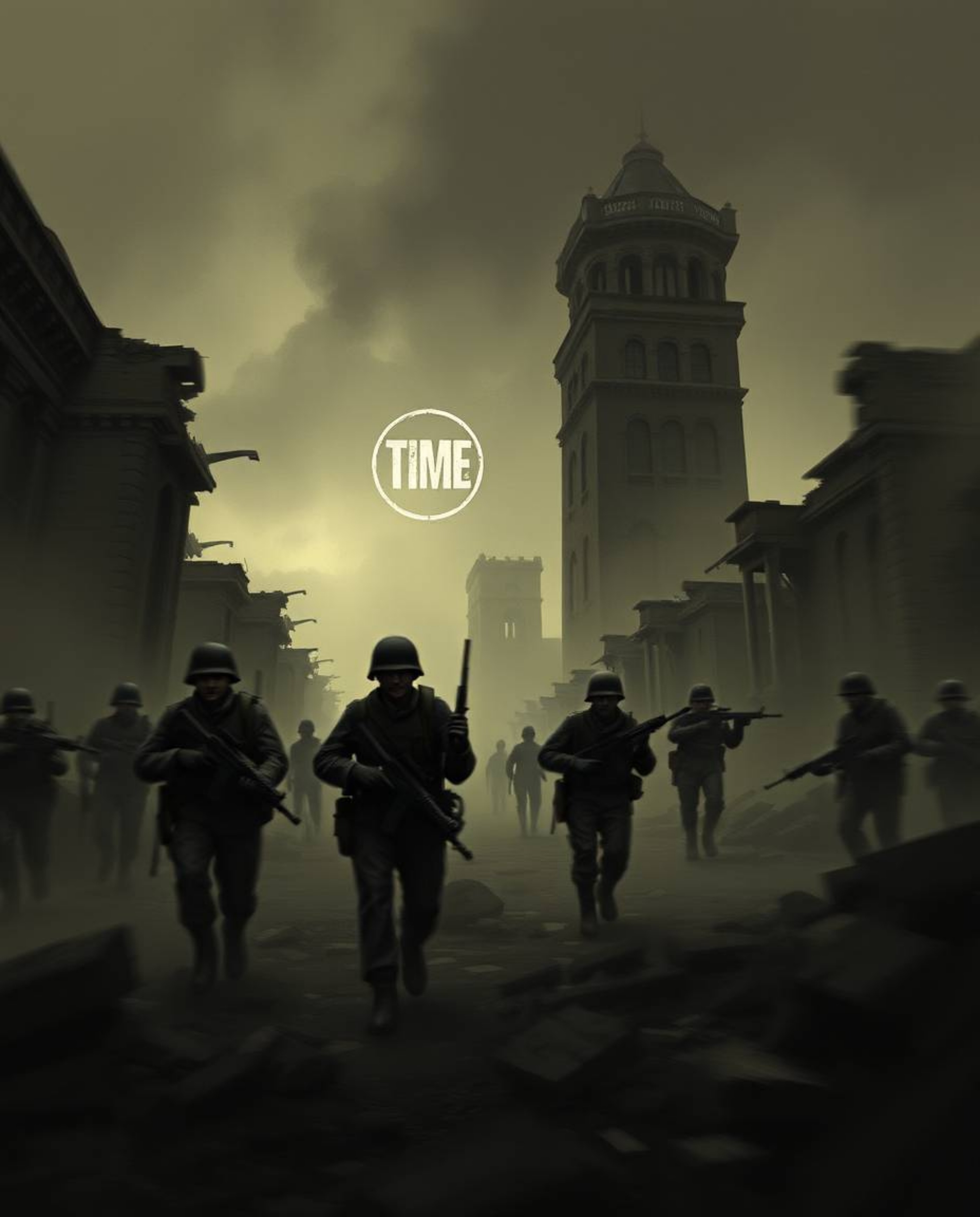 This moody artwork depicts a battlefield scene with time-warped soldiers and crumbling buildings rendered in blurred action p