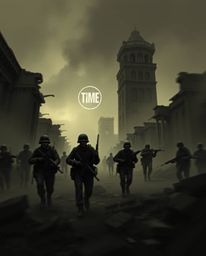 This moody artwork depicts a battlefield scene with time-warped soldiers and crumbling buildings rendered in blurred action p