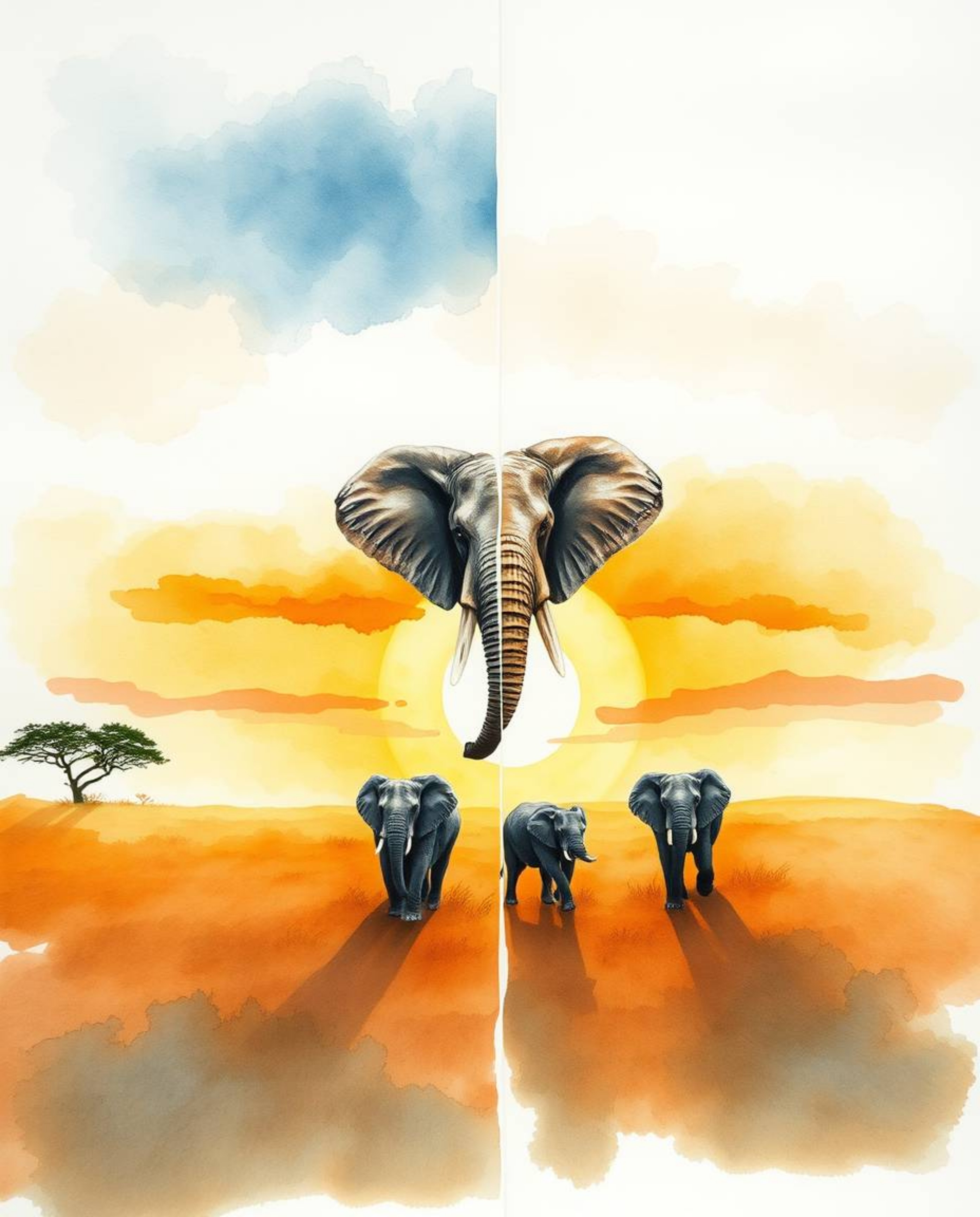 This is a delicate watercolor painting with a distinct split composition, depicting elephants walking across a field at sunse