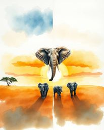This is a delicate watercolor painting with a distinct split composition, depicting elephants walking across a field at sunse