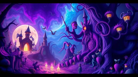 Explore a dreamlike fantasy kingdom bathed in deep ultraviolet hues, populated by quirky magical creatures and bizarre scenes