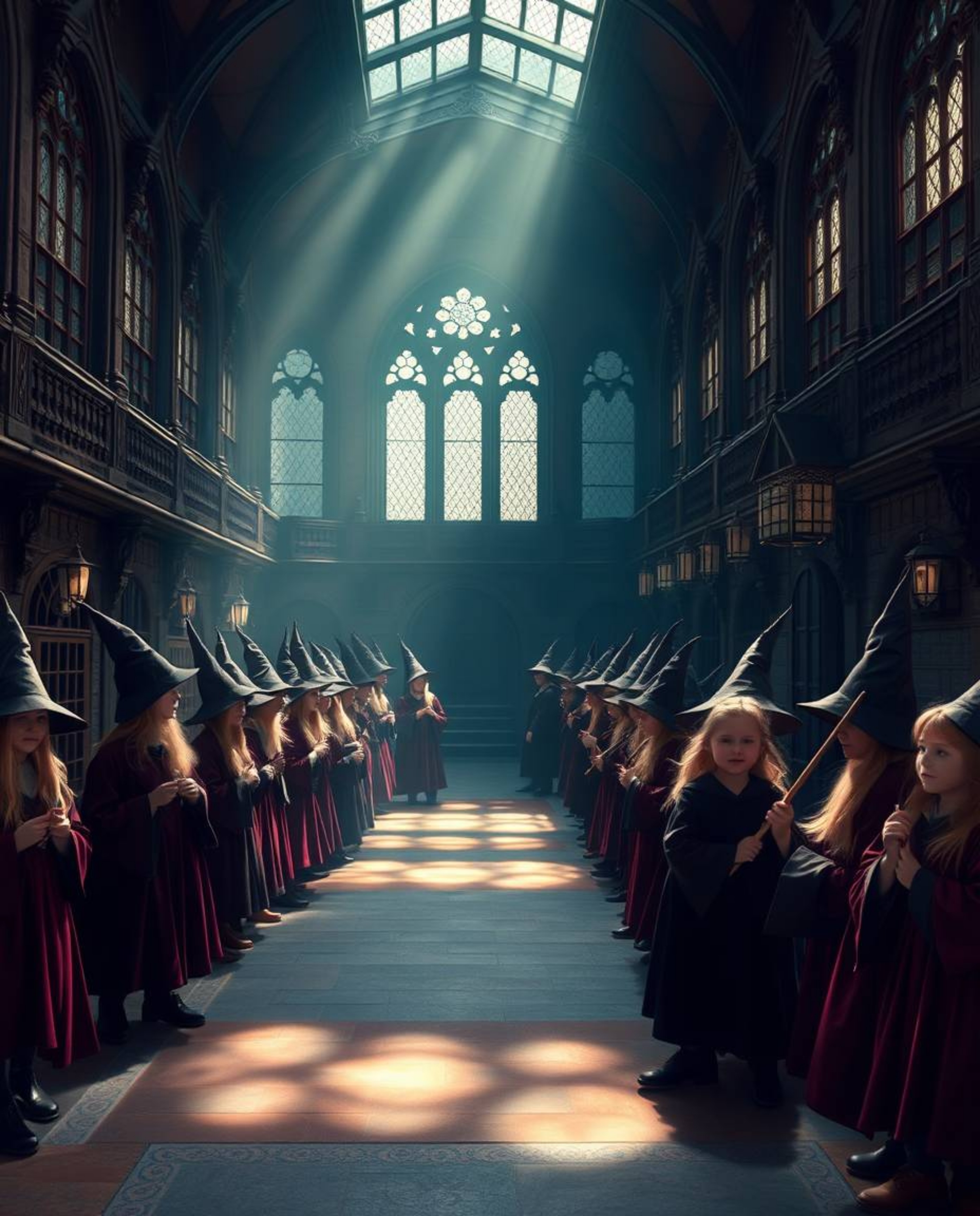 Discover a captivating digital artwork depicting a magical school brimming with young wizards.  The scene is rendered in rich