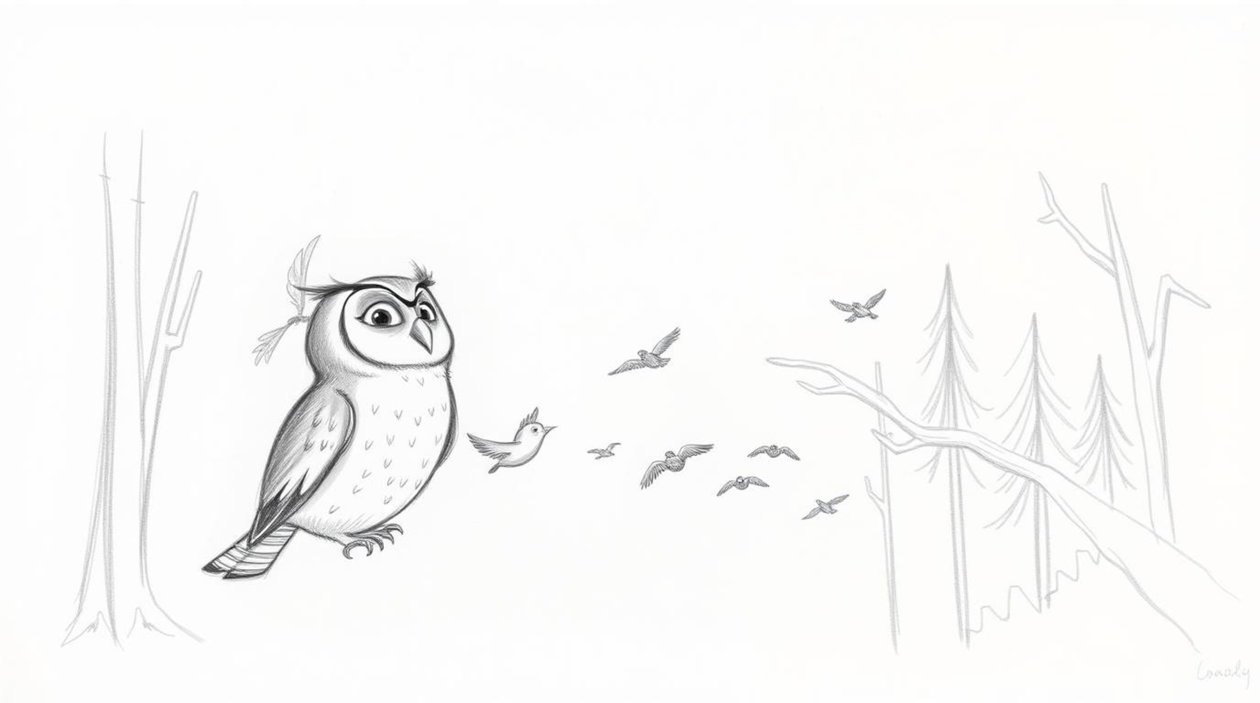A captivating hand-drawn pencil sketch in the style of Pixar, depicting a blind owl with gentle, expressive features.  This h