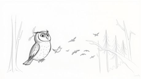 A captivating hand-drawn pencil sketch in the style of Pixar, depicting a blind owl with gentle, expressive features.  This h