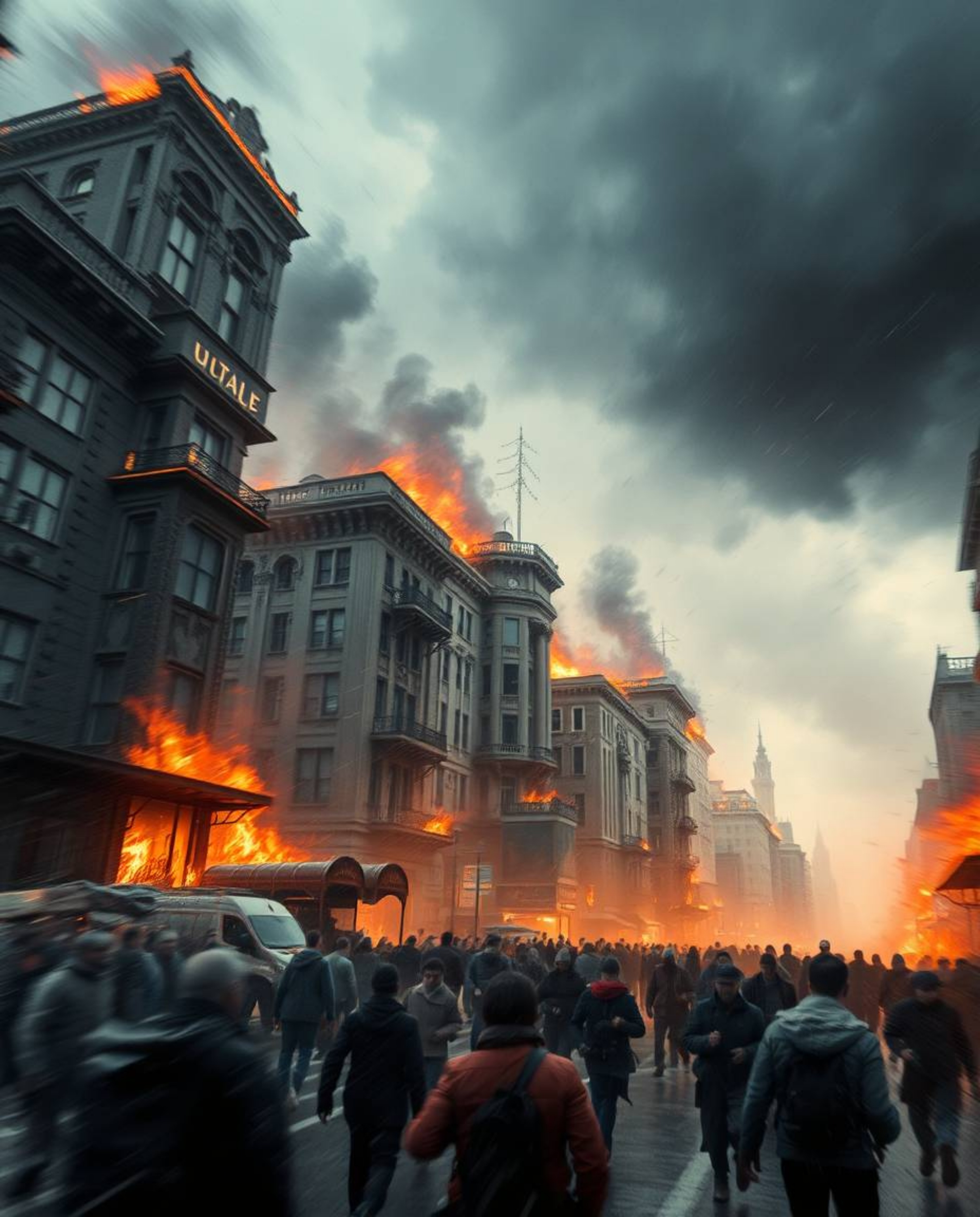 Experience a dramatic and dynamic depiction of a city engulfed in flames, as people desperately flee amidst a raging storm. T