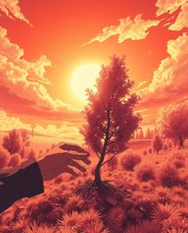 Explore a surreal Isekai anime scene depicted in striking infrared tones.  Hands lovingly plant a tree under a radiant golden