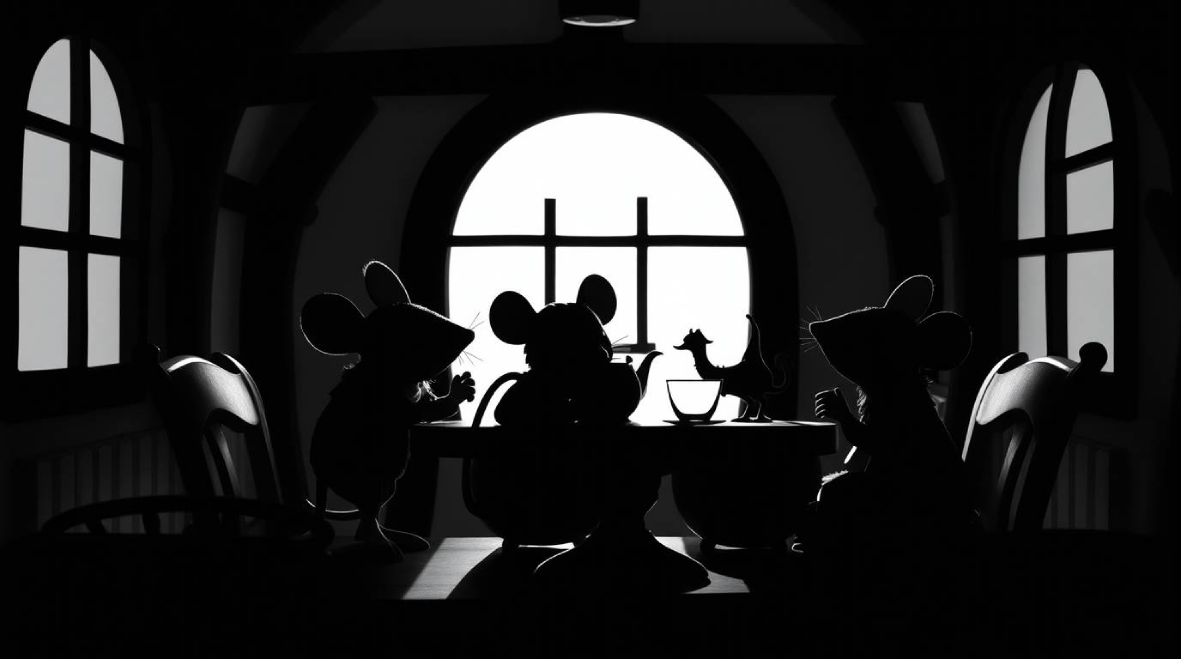 A classic black and white image depicting anthropomorphic mice enjoying tea in a cozy cottage, silhouetted against a soft bac