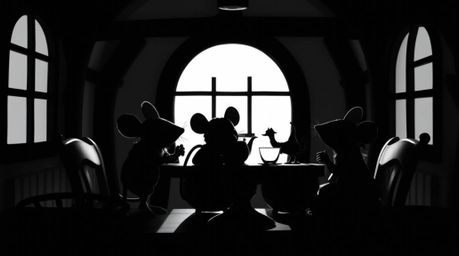 A classic black and white image depicting anthropomorphic mice enjoying tea in a cozy cottage, silhouetted against a soft bac