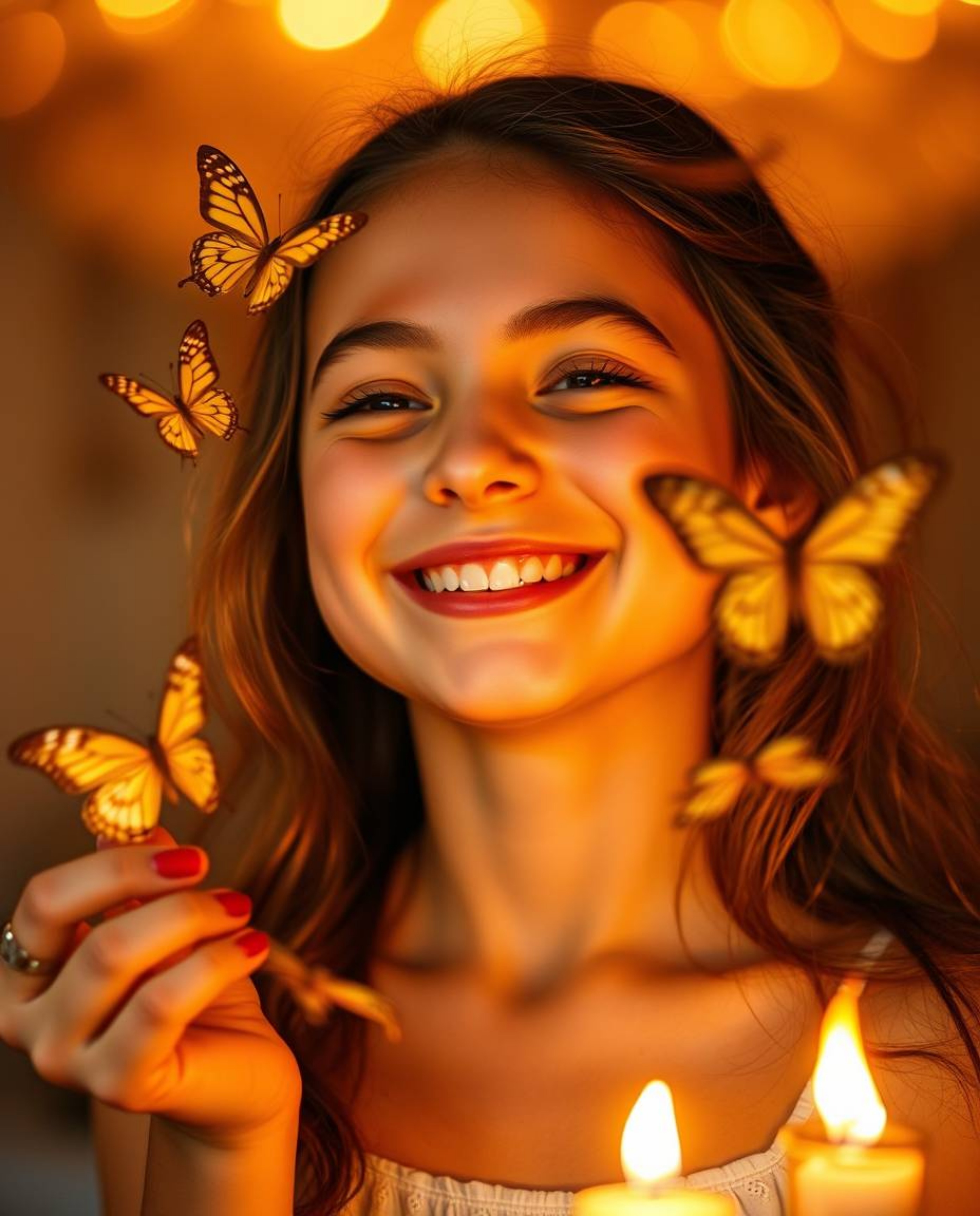 A captivating image of a girl with sun-kissed skin and a playful smile releasing butterflies into the warm, candlelit air.  T