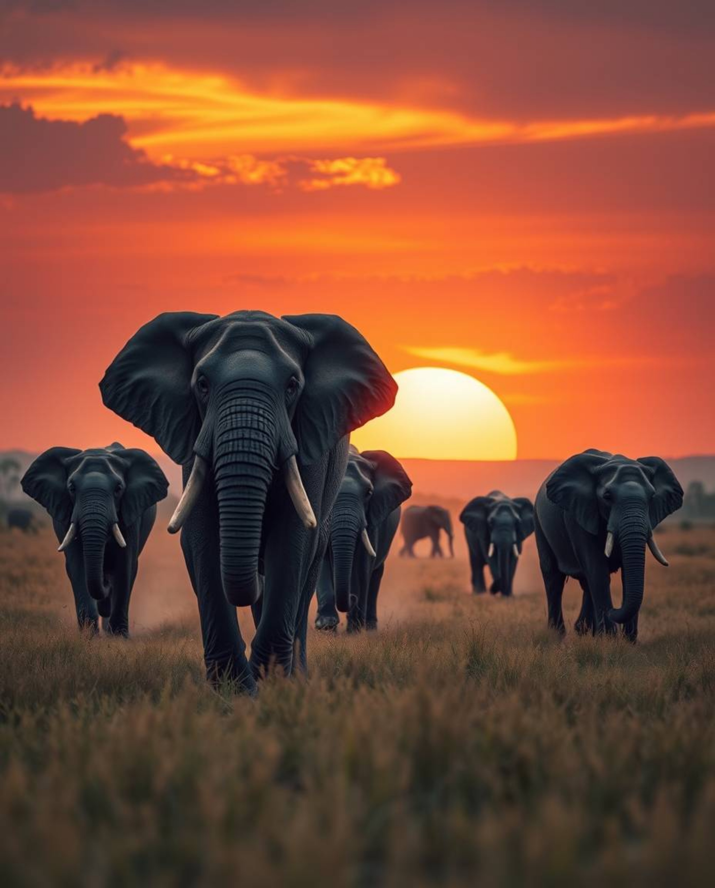 A dramatic cinematic style image of elephants walking across a field at sunset, featuring smooth gradient transitions, seamle